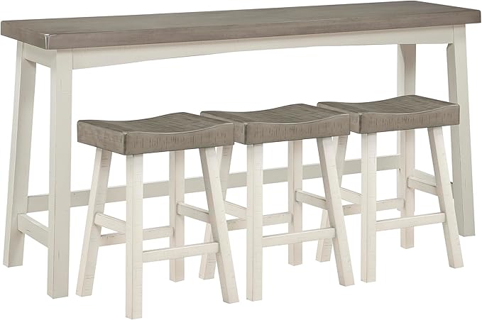 Lexicon Bar Table Set for 3, Small Kitchen Table Set Kitchen Island Table with 3 Saddle Bar Stools, 4 Piece Dining Table Set for Breakfast Nook, Living Room, Apartment, Counter Height, White/Coffee