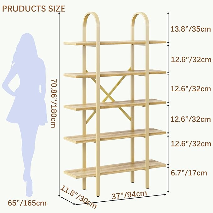 Wide Bookshelf Arched Bookcase, Industrial 5 Tier 72" Tall Freestanding Heavy Duty Display Rack for Home Office, Living Room,Nature Wood & Gold,Easy Assembly