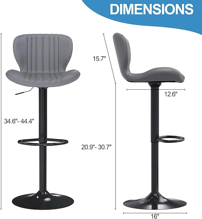 Shintenchi Bar Stools Set of 4 Modern Swivel Bar Chairs, Counter Height Faux Leather Metal Barstools, Upholstered Island Chairs with Back and Footrest, Gray
