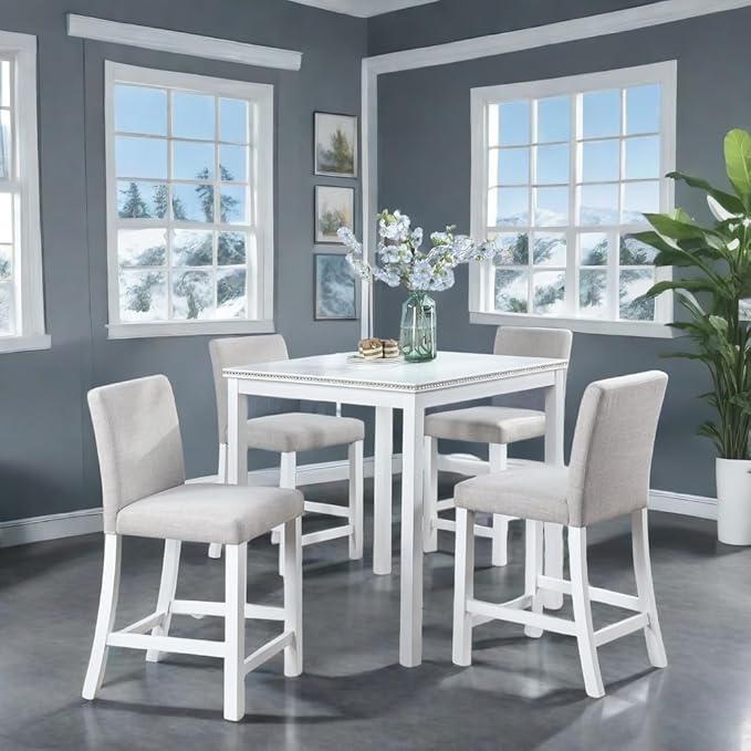 Dining Table Set for 4, Counter Height, Square, White - Easy to Assemble, Includes 4 Upholstered Chairs for Living, Dining, Guest Room