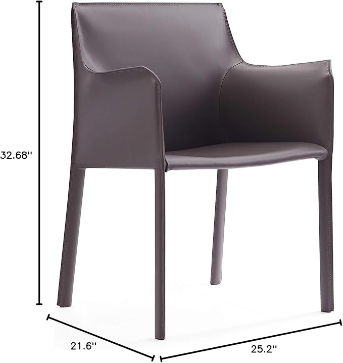 Manhattan Comfort Paris Modern Saddle Leather Dining Chairs, Metal Frame, Comfortable Padded Seat, Fully Assembled Armchair Accent Furniture, Set of 2, Grey