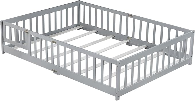 Bellemave Full Floor Bed with Slats and Safety Guardrails, Kids Montessori Floor Beds with Fence and Door, Easy Assemble Floor Bed for Kids, Girls, Boys, Gray