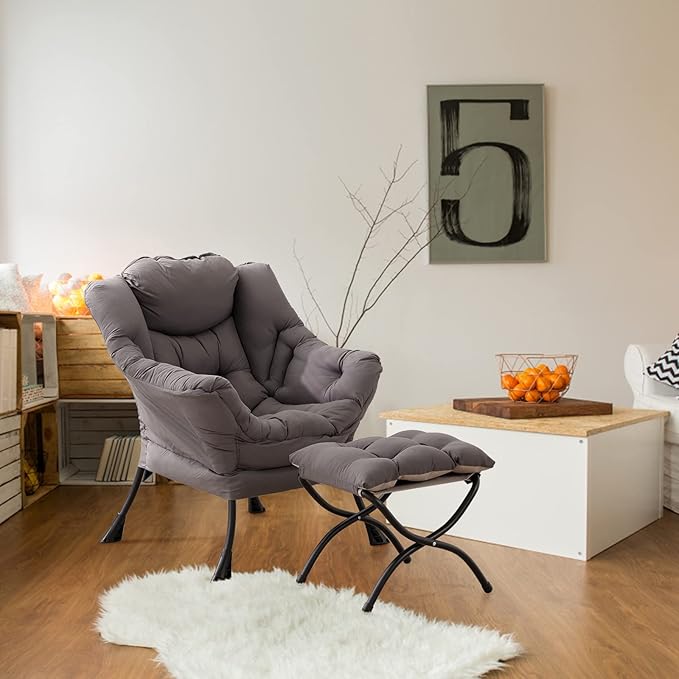 LITA Lazy Chair with Ottoman, Modern Accent Leisure Upholstered Lazy Sofa Armchair, Contemporary Lounge Reading Chair with Armrests and a Side Pocket for Living Room, Bedroom & Small Space, Dark Grey