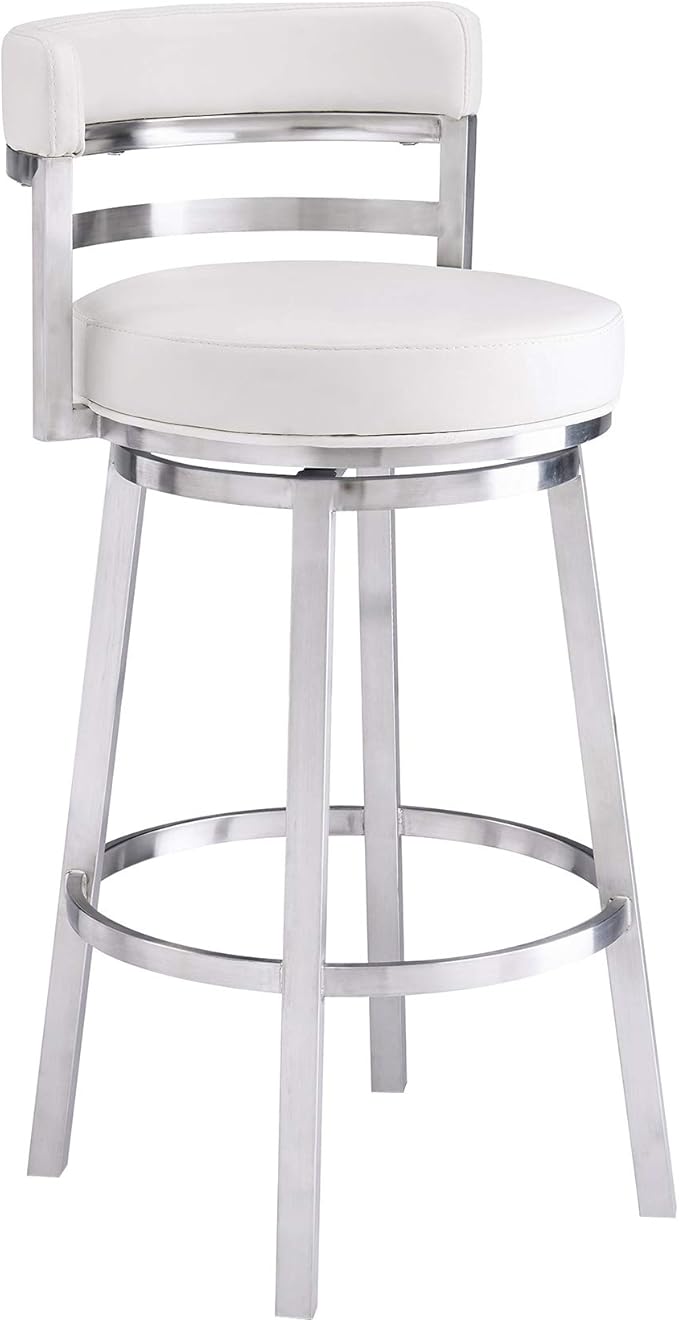 Armen Living Titana 26" Counter Height Swivel White Faux Leather and Brushed Stainless Steel Bar Stool