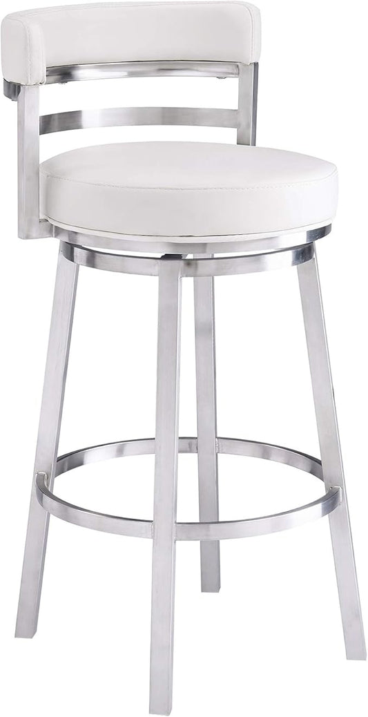 Armen Living Madrid 30" Seat Height Swivel White Faux Leather and Brushed Stainless Steel Bar Stool for Kitchen Island Counter