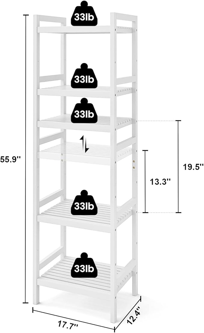 Homykic Bamboo Bookshelf, 5-Tier Narrow 55.9” Adjustable Book Shelf Bookcase Bathroom Shelves Freestanding Storage Stand for Living Room, Bedroom, Kitchen, Rust Resistance, Easy Assembly, White