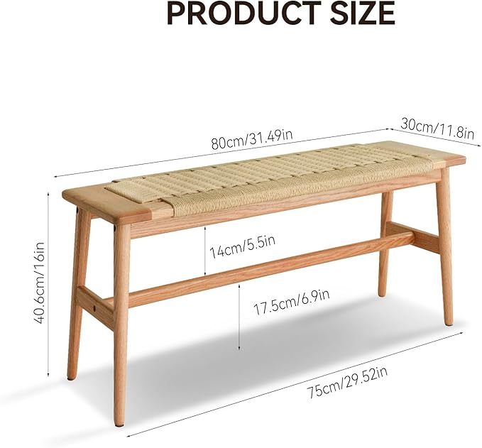 Solid Wood Entryway Bench, Wooden Dining Bench Stool w/Hand-Woven Top, End of Bed Benches for Bedroom Kitchen Dining Living Room & Entry Décor (Natural, 31.49" L)