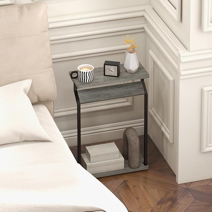 Narrow Side Table for Small Spaces, Slim Couch Tray Table, Skinny Thin End Table for Living Room, Bedroom, Grey
