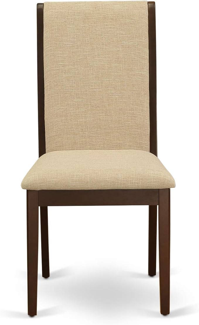 East West Furniture ESLA3-MAH-04 3 Piece Kitchen Table & Chairs Set Contains a Round Dining Room Table with Pedestal and 2 Light Tan Linen Fabric Parsons Chairs, 30x30 Inch, Mahogany