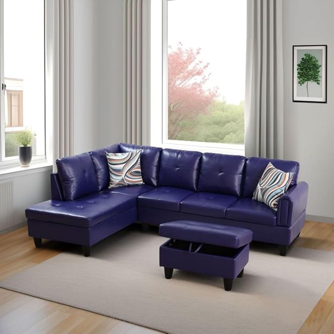 Blue L-Shaped 3-Piece Faux Leather Sofa with Storage Ottoman Set, Sectional Couch Sofa Set for Living Room, Office, Small Space