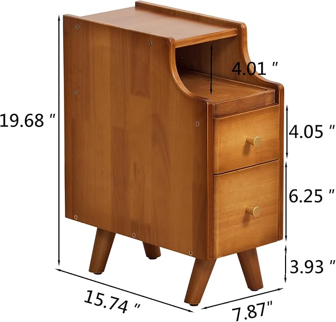 Small Nightstand, Narrow Nightstand, Solid Slim Wood Night Stand for Small Spaces, Couch, Walnut Color 7.87in Wide