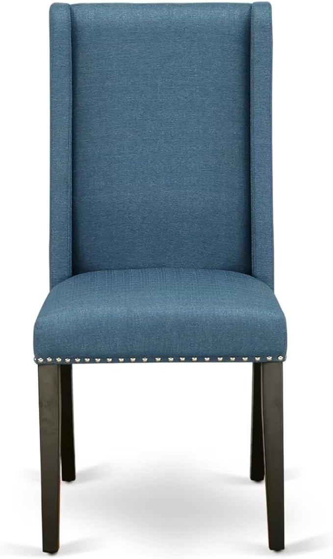 NKFL9-SBB-21-9-Piece Kitchen Table Set Consists of a Wooden Table and 8 Mineral Blue Linen Fabric Parson Chairs with Padded Chair Back - Sand Blasting Black Finish.