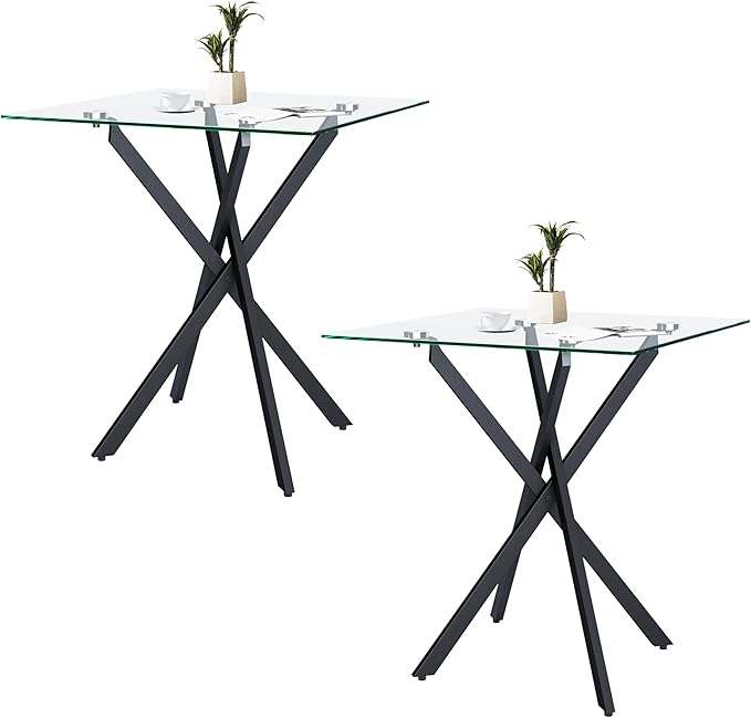 Small Side Coffee Table Set of 2 with Metal Legs, Tempered Glass Square Modern End Table for Living Room Sofa Home Office (2 Pieces, Black, 20"×20"×22")