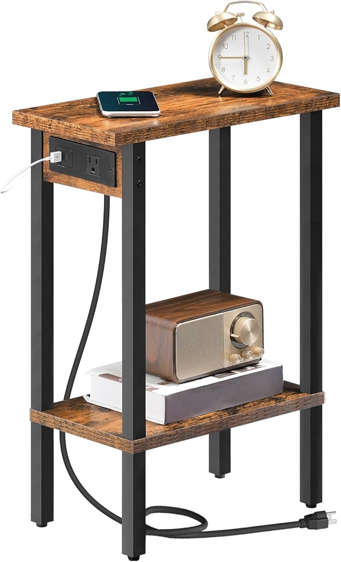HOOBRO Small End Table with Charging Station, Narrow Side Table with USB Port and Outlets, Skinny Sofa Table, Slim Nightstand, Living Room, Bedroom, Rustic Brown and Black BF240UBZ01