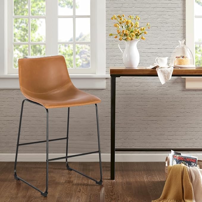 POLY & BARK Bar Stools Set of 3 – 34" Counter Height Chairs with Back, Tan PU Leather Seats with Metal Legs, Modern Industrial Style for Kitchen Island