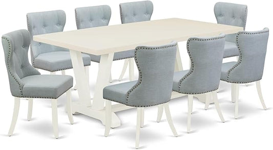 East West Furniture V027SI215-9 9 Piece Kitchen Table Set Includes a Rectangle Dining Table with V-Legs and 8 Baby Blue Linen Fabric Parson Dining Room Chairs, 40x72 Inch, Multi-Color