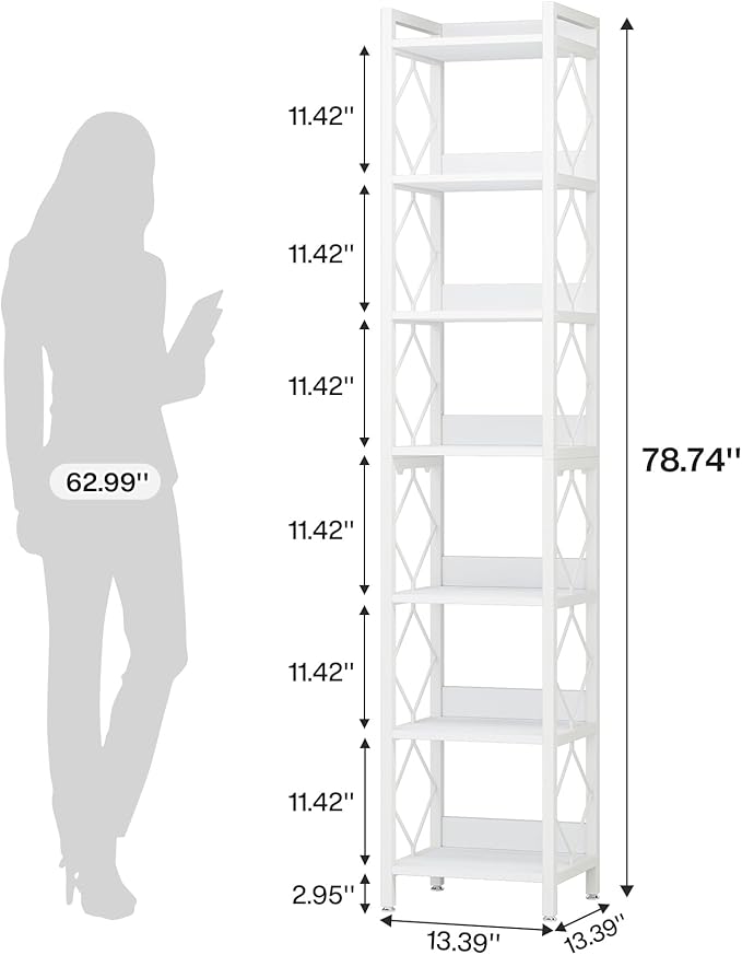 Tribesigns 78.7 Inch Extra Tall Narrow Bookshelf, 7 Tier Skinny Bookcase for Small Spaces, Freestanding Display Shelves, Multifunctional Corner Storage Organizer for Home Office, White