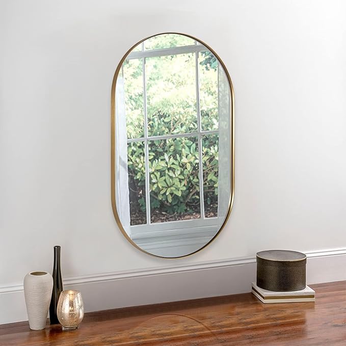 ANDY STAR Brushed Gold Bathroom Mirror, 48 x 30 Inch Oval Vanity Mirror, Brushed Brass Mirror for Wall in Stainless Steel Metal Frame 1’’ Deep Wall Mounted Horizontal/Vertical