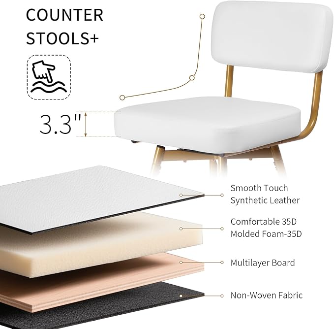 Swivel Counter Height Bar Stools Set of 2, Faux Leather Bar Stools with Back, Metal Legs and Footrest, 26" Seat Height Barstools for Kitchen Islands and Home Bars, Easy Assembly, White&Gold
