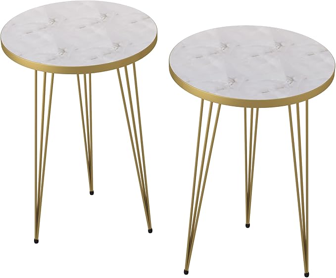 PAK HOME - Set of 2 End Table - High Gloss White Marble Look with Gold Metal Legs Round Wood Sofa Side Coffee Tables for Small Spaces, Nightstand Bedside Table for Bedroom, Living Room