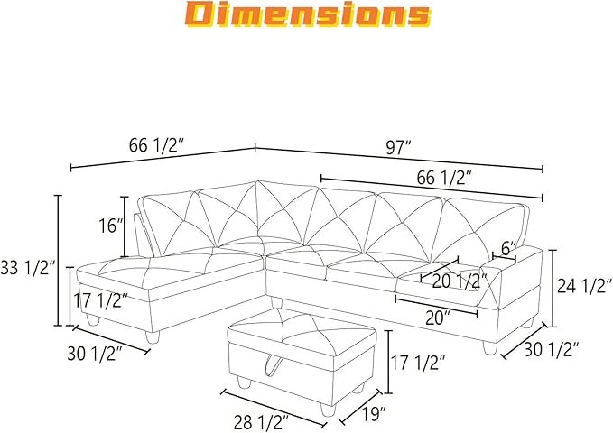 L Shaped Sectional Couch with Otttoman, 97" Leather Sectional Sofa for Living Room Modular Couches with Cup Holders for Bedroom, Apartments, Brown
