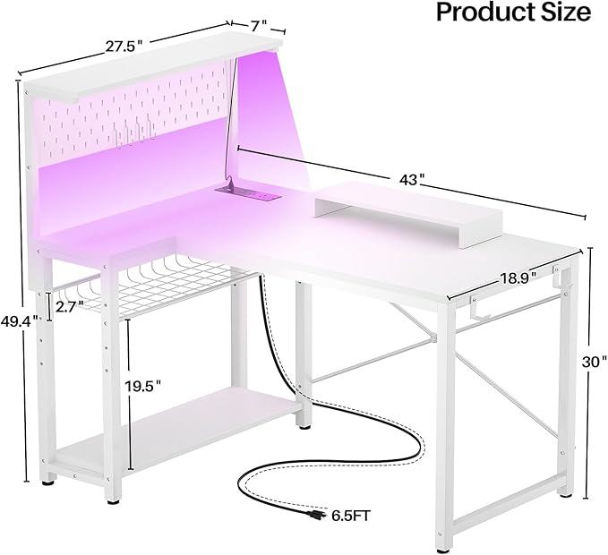 Homieasy Small Gaming Desk with Power Outlets Pegboard LED Light, 43 Inch L Shaped Computer Desk with Monitor Stand Storage Shelves, Reversible Corner Desk with Headset Hooks, White