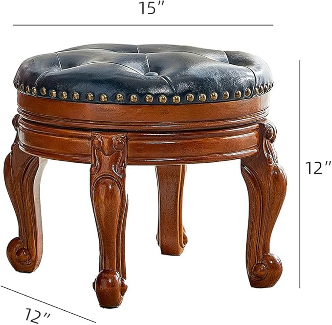 Solid Wood Foot Stool Round Ottoman Mid-Century Footrest Sofa Stool with Microfiber Leather Cushion for Living Room, Bedroom, Entryway (Dark Blue)