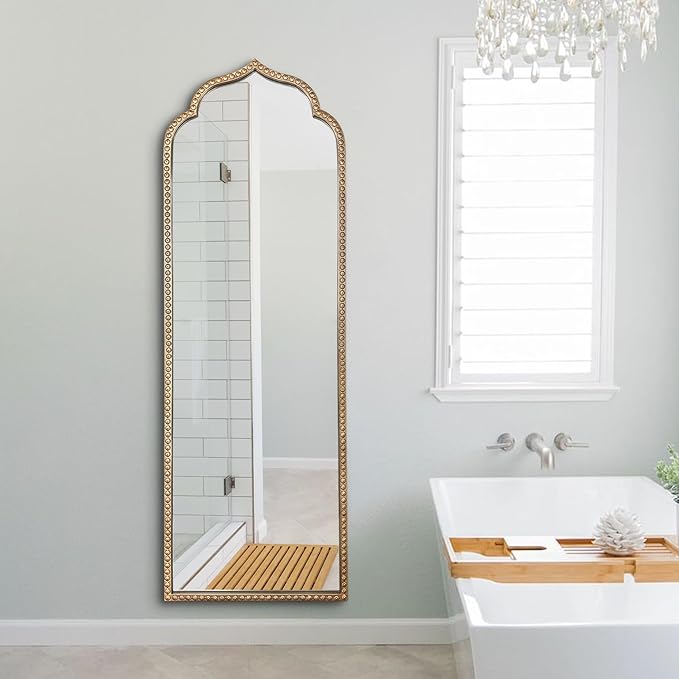 Large Gold Arched Mirror, 21"x64" Arch Standing Floor Mirrors for Dressing, Metal Beaded Frame Vintage Mirror, Scalloped Full Length Mirrors for Living Room Bedroom Hallway Entryway