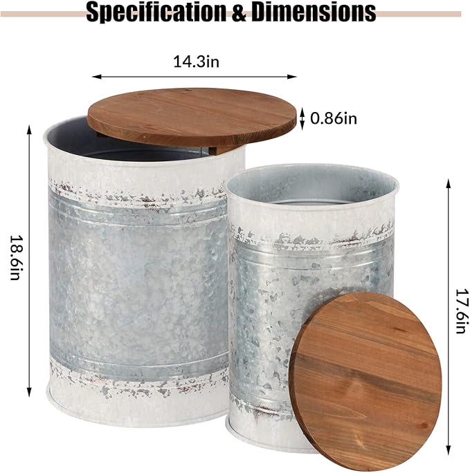 Poofzy Farmhouse End Tables Set of 2, Galvanized Metal Decor Side Table with Wood Lid, Coffee Table Storage Stool for Living Room (White)