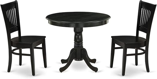 East West Furniture ANVA3-BLK-W 3 Piece Kitchen Table Set for Small Spaces Contains a Round Dining Room Table with Pedestal and 2 Dining Chairs, 36x36 Inch, Black