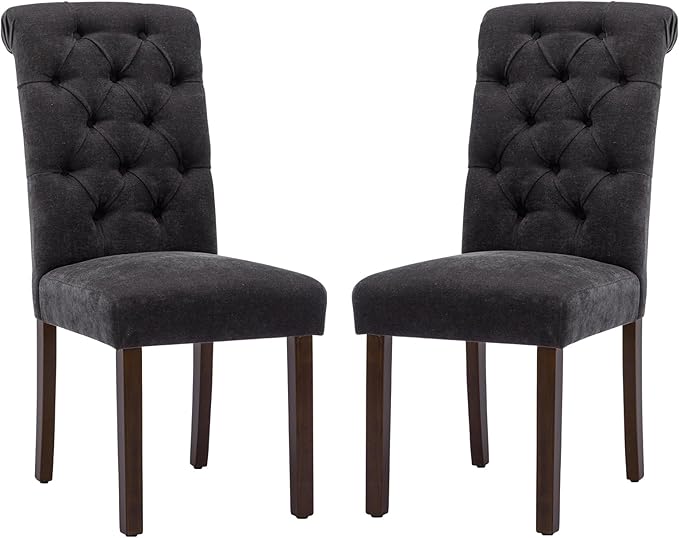 COLAMY Button Tufted Dining Chairs Set of 2, Parsons Upholstered Fabric Dining Room Chairs Kitchen Chairs with Wood Legs and Padded Seat, Black