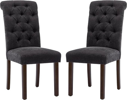 COLAMY Button Tufted Dining Chairs Set of 2, Parsons Upholstered Fabric Dining Room Chairs Kitchen Chairs with Wood Legs and Padded Seat, Black
