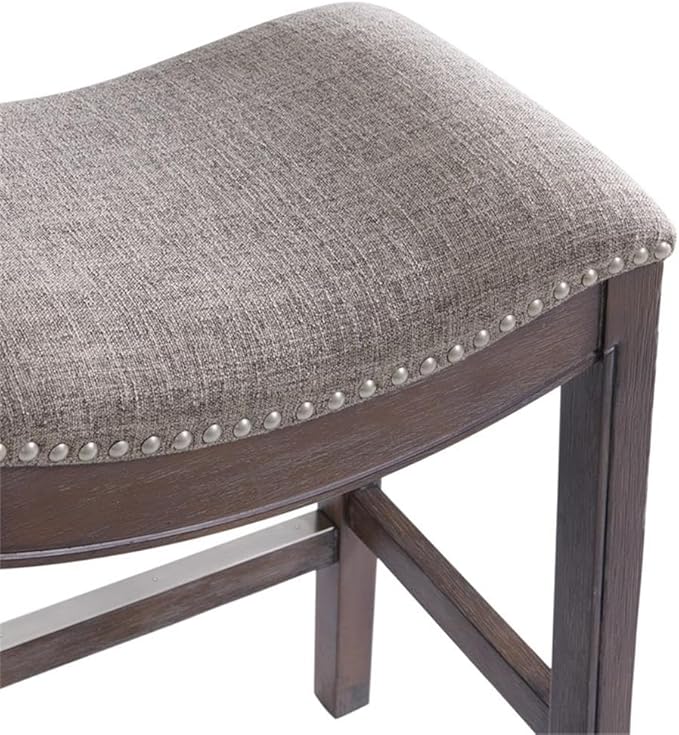 Williston Dark Brown Wood Counter Height Stool Set of 2, 18.25 in. W Seat with Linen-Like Fabric & Silver Satin Nail Heads, Kitchen Furniture Bar Stools w/Solid Rubberwood Frame & Metal Kick Plate