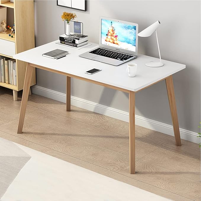 IOTXY Simple Wooden Writing Desk - Modern Minimalist Style PC Laptop Computer Workbench with Solid Wood Legs, 47" W Home Office Work Table for TV Stand Music Video Live Broadcast Workstation, White