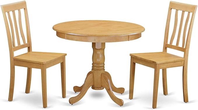 East West Furniture ANTI3-OAK-W 3 Piece Dining Set Contains a Round Kitchen Table with Pedestal and 2 Dining Room Chairs, 36x36 Inch, Oak