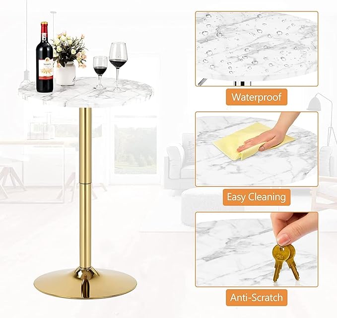 Gold Cocktail Tables Round Bar Table Height Adjustable 27.9''-35.4'' Pub Table with Metal Base Modern Style for Kitchen, Bar, Office & Dining Room Sturdy & Stylish