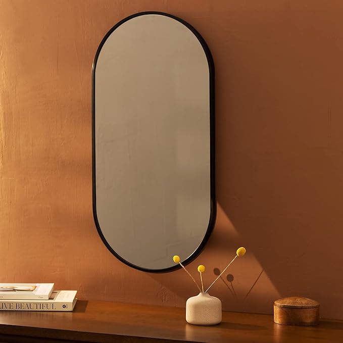 Navaris Oval Wall Mirror - 29.5" x 15" - Wall Mounted Hanging Mirror with Black Rustproof Aluminum Frame - Mirror for Bathroom Restroom Hallway