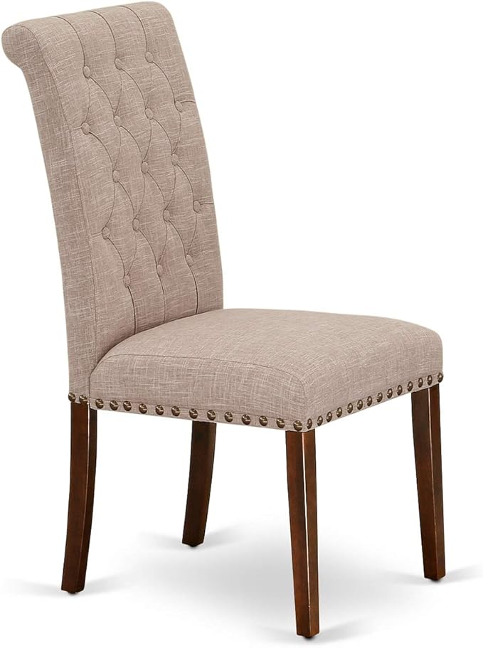 East West Furniture NOBR3-MAH-04 3 Piece Dining Room Table Set Contains a Rectangle Kitchen Table with Butterfly Leaf and 2 Light Tan Linen Fabric Parson Chairs, 32x54 Inch, Mahogany