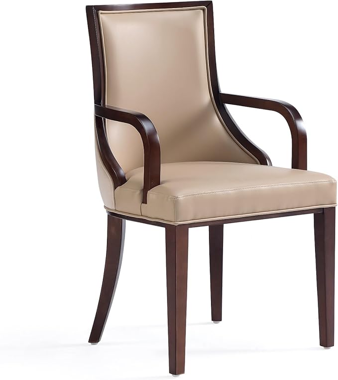 Manhattan Comfort Grand Faux Leather Dining Chair with Arms, Padded Wingback Seat, Fine Rectangular Stitching and Solid Wood Frame, Set of 1, Tan