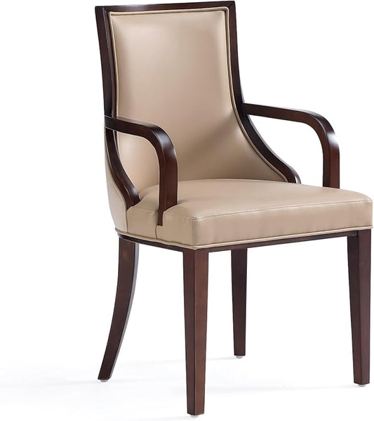 Manhattan Comfort Grand Faux Leather Dining Chair with Arms, Padded Wingback Seat, Fine Rectangular Stitching and Solid Wood Frame, Set of 1, Tan