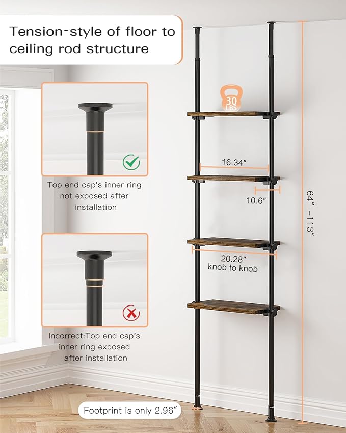 ALLZONE Adjustable Tall Narrow Bookshelf for Bedroom, 4-Tier Ladder Bookcase for Small Spaces, Tension Mount Tall Skinny Book Shelf with Open Storage, 64 to 113Inch Height