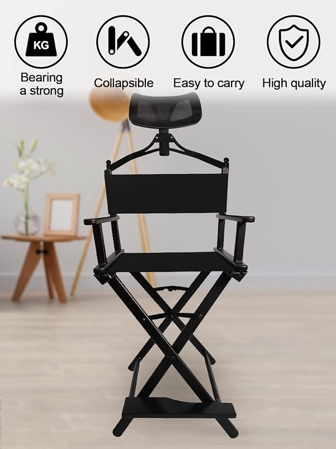 Lorvain Folable Makeup Artist Stool, Portable Tall Folding Director's Chair, Aluminum Makeup Chair with Head Rest for Studio Salon Vanity, Bar Height - Black