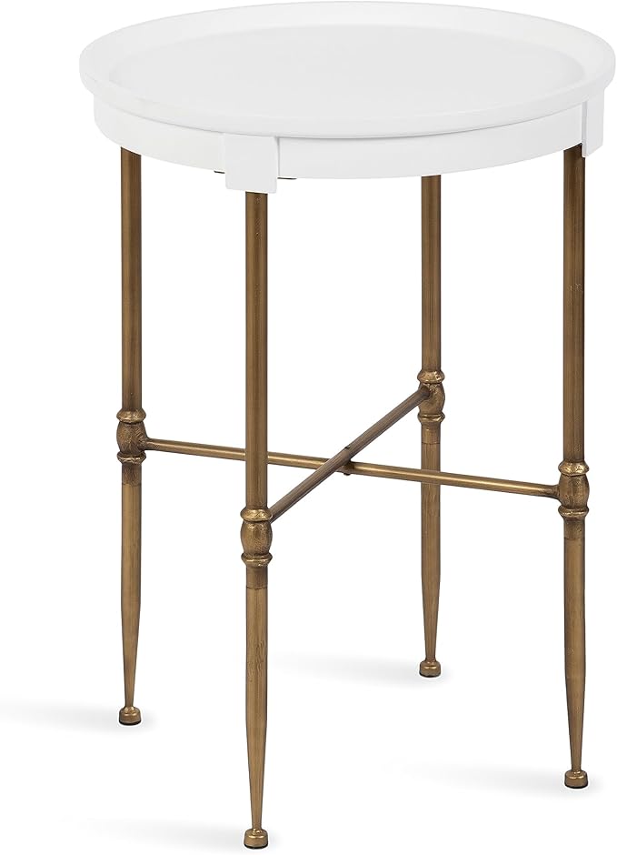 Kate and Laurel Valdi Modern Round Side Table; 19 x 26; White and Antique Gold; Glam Circle End Table with Geometric Metal Base and Raised Edge Tabletop