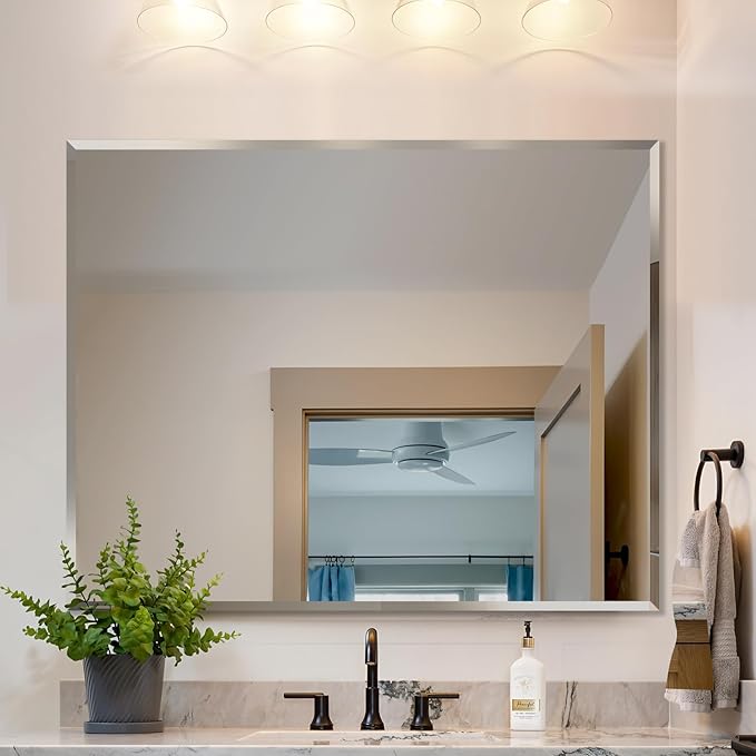 Frameless Beveled Edge Bathroom Mirror 36x24 Inch Rectangle Wall Mirror Explosion Proof and Shatterproof Bathroom Vanity Mirror Wall Mounted Hang Firmly (Horizontal or Vertical)