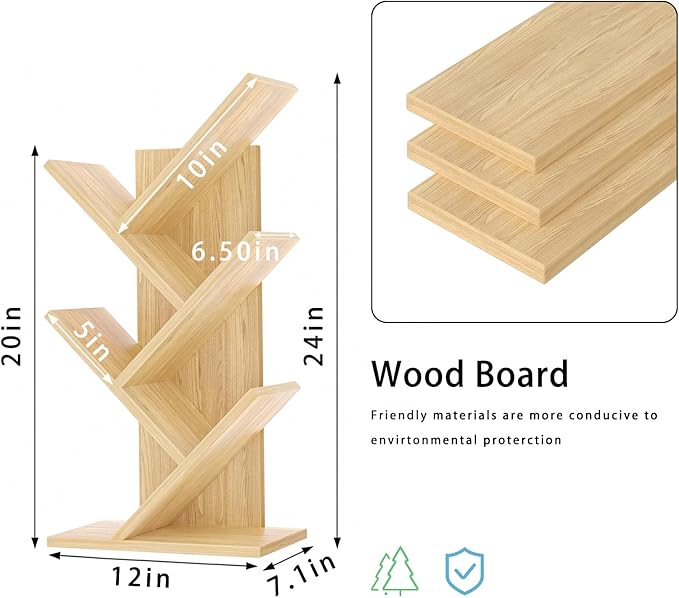5 Tier Tree Book Shelf, Small Desktop Bookshelf with Storage Organizer, Wood Bookcase, Desk Display Bookshelves, Floor Standing Organizer Bookcases for Living Room,Bedroom,Office-Natural