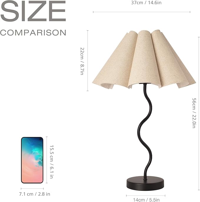 KUNJOULAM Small Table Lamp, Bedside Nightstand Lamp with Umbrella Form Fabric Lampshade Black Base, Morden Mini Desk Lamp for Bedroom Home Office Decor