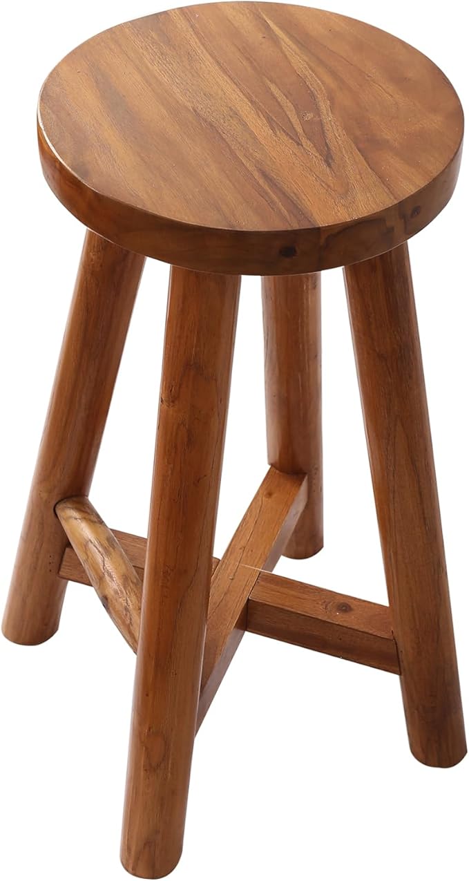 Solid Teak Wood Barstool with Round Seat for Kitchen Counter, Home Bar Furniture, 24-Inch Height