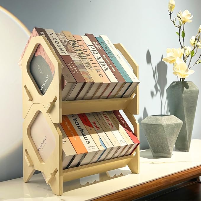 Desktop Bookshelf, Stackable Book Organizer with Handle, Storage Rack for CD/Magazine/File Folder, Portable Small Bookshelf for Study, Living Room, Kid's Room, No Nails, Small Size