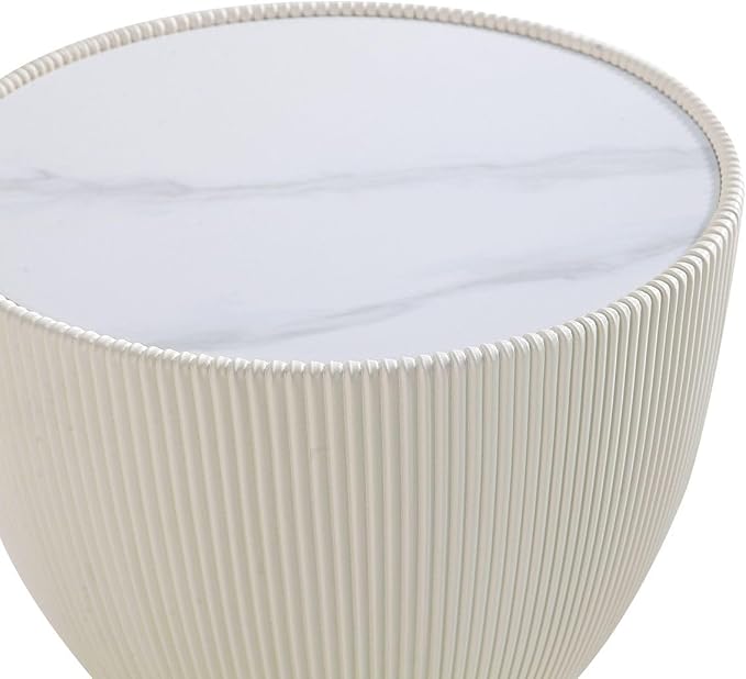 Manhattan Comfort Anderson Modern 18" Round End Table 2.0 | Ceramic Marble Tabletop, Elegant Pleated Leatherette Design & Gold Stainless Steel Base, Fully Assembled Accent Furniture, Set of 1, Cream