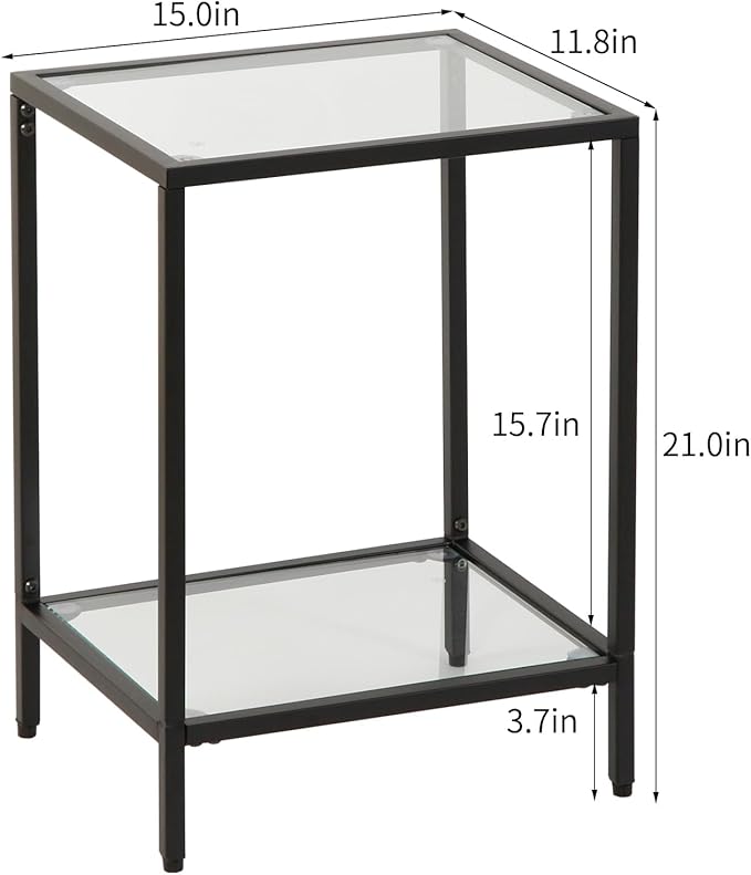 Modern 2-Tier Tempered Glass End Table - Stylish Black Metal Side Table for Small Spaces, Perfect for Living Room & Bedroom (Black, 2PCS)
